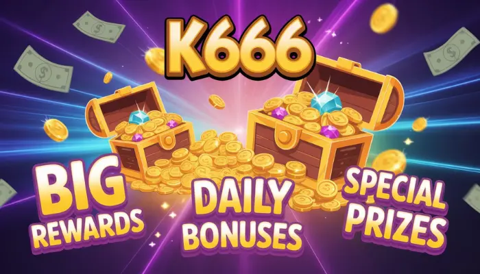 K666 big rewards banner with treasure chests full of gold coins, daily bonuses, and special prizes promotion.