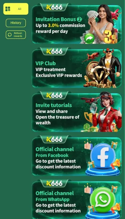 K666 app bonus page showing invitation bonus, VIP club rewards, invite tutorials, and official Facebook and WhatsApp channels.