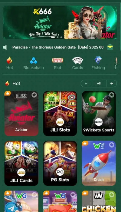 K666 casino app home screen featuring Aviator, JILI Slots, 9Wickets Sports, PG Slots, and card games categories.