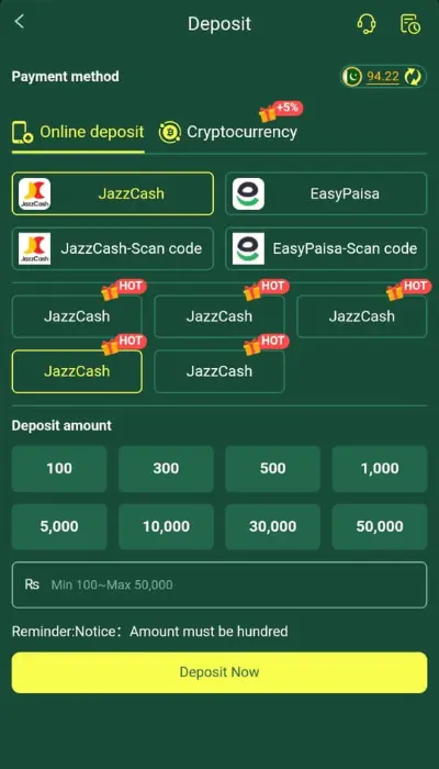 K666 app deposit page showing JazzCash and EasyPaisa payment methods with multiple deposit amount options.