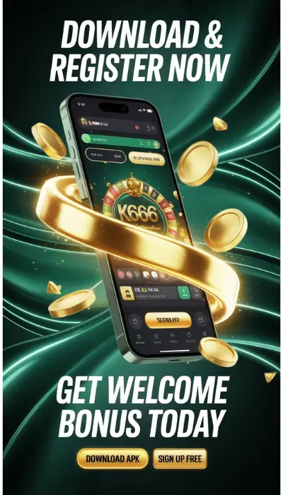 K666 casino app promotional banner with download and register now text, welcome bonus offer, gold coins, and mobile screen display.